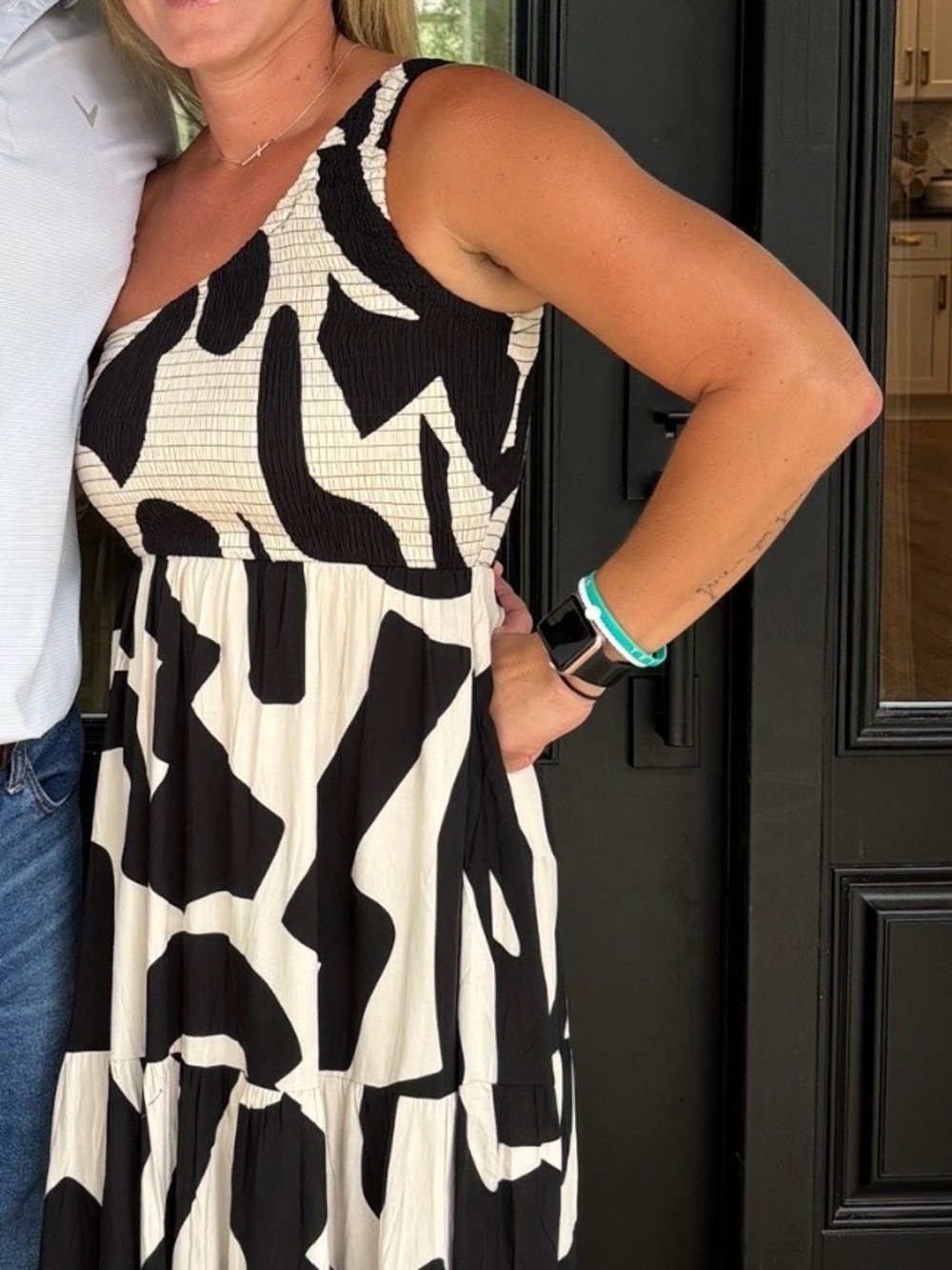 Black & White One-Shoulder Tiered Maxi Dress